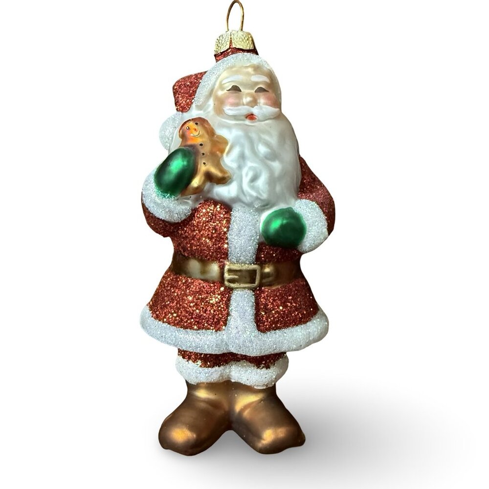 Hallmark‎ Santa Christmas Ornament Glass Hand Painted Red Glitter w/ Gingerbread
